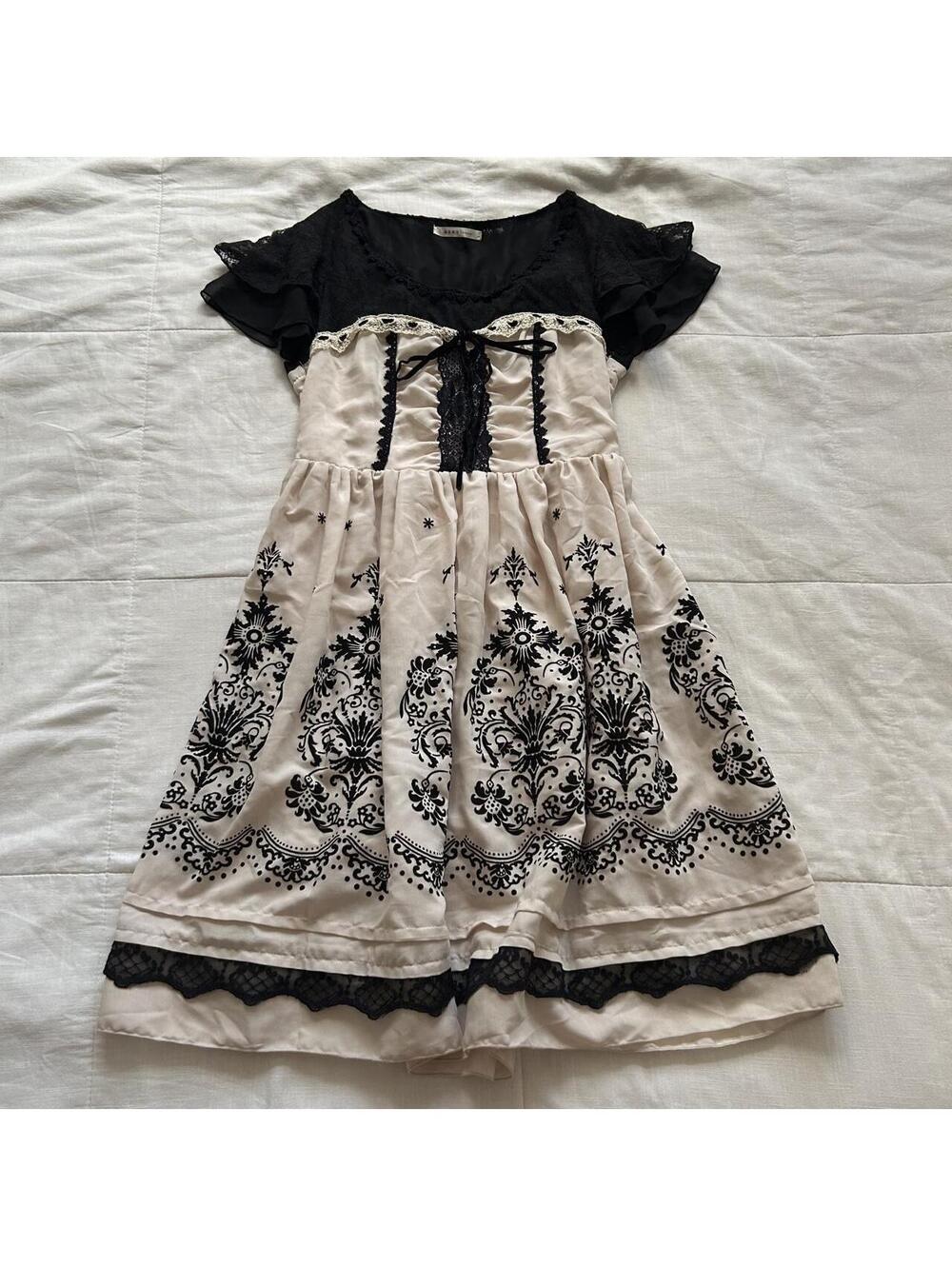 Axes Femme Ivory Black Damask Print Lace Up Corset Flutter Sleeve Dress M Japan